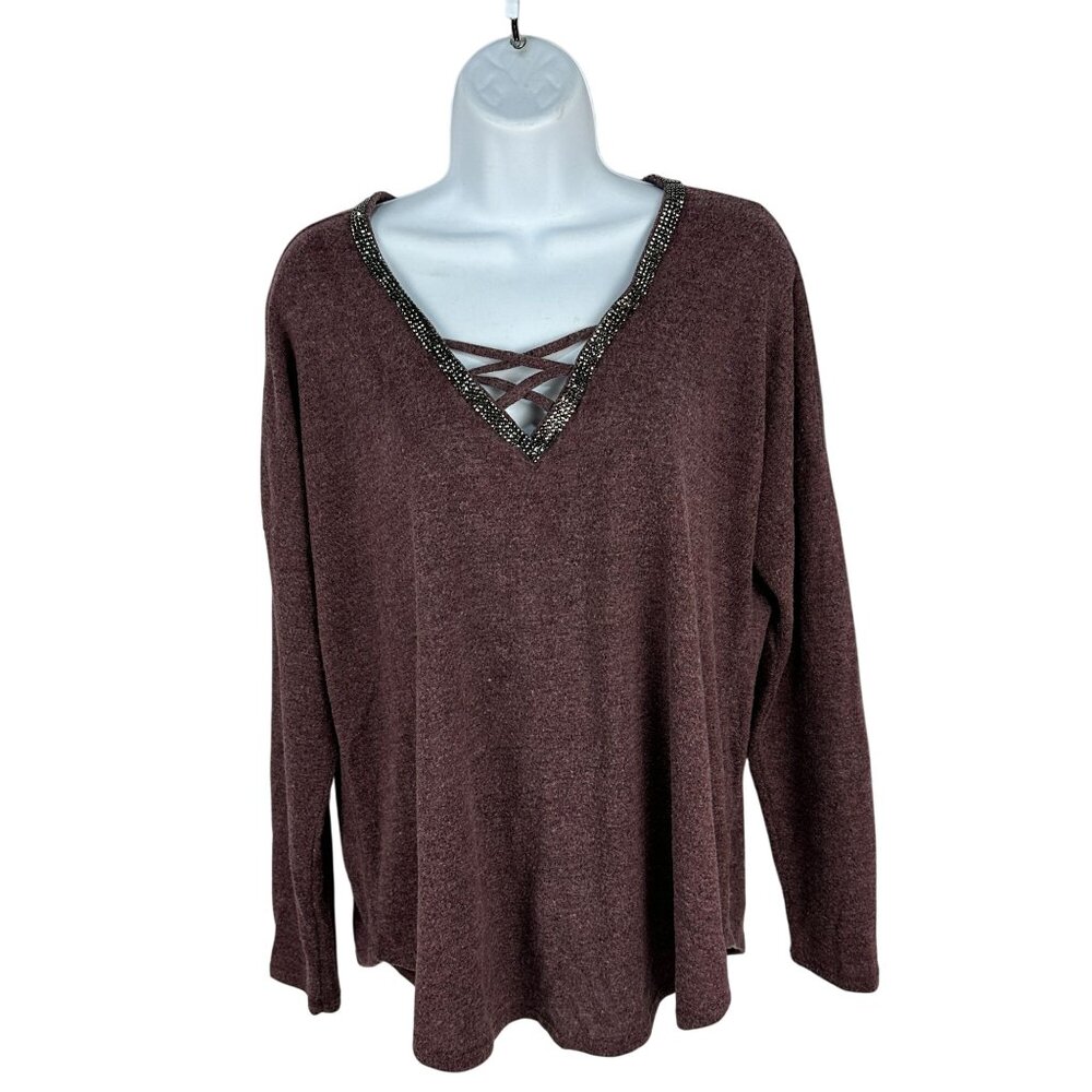 Jennifer Lopez Womens Maroon V-Neck Sweater Beaded Trim & Criss-Cross Detail M